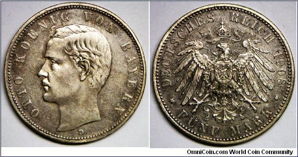 German States - Bavaria, Otto, 5 Mark, 1908A. 27.7770 g, 0.9000 Silver, .8038 oz. ASW, 38mm. File marks on edge, cleaned, otherwise very fine