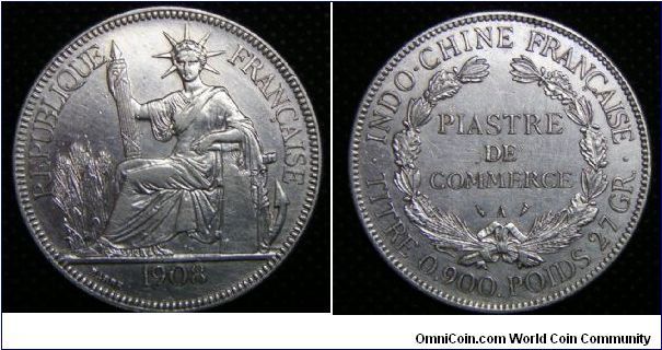 French Indo-China (French Colony), Trade Dollar - 1 Plastre, 1908A, 27.0000 g, 0.9000 Silver, .7812 Oz ASW, Mintage: 13,986,000. Good very fine.
