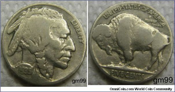 Indian Head (or Buffalo) (1913-1938). 1935-Mintmark: None (for Philadelphia) on the reverse below FIVE CENTS