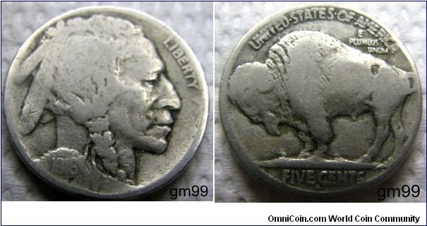 Indian Head (or Buffalo) (1913-1938)1916S-Mintmark: S (for San Francisco) on the reverse below FIVE CENTS.
Mintage:
Circulation strikes: 11,860,000
Proofs: 0