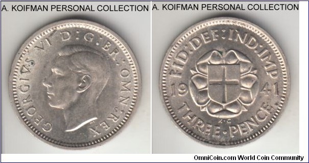KM-848, 1941 Great Britain 3 pence; silver, plain edge; lustrous uncirculated or almost.