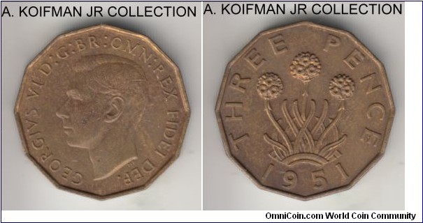 KM-873, 1951 Great Britain 3 pence; nickel-brass, 12-sided flan, plain edge; George VI, good very fine or better (reverse would grade XF) details.