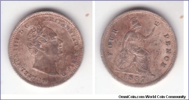 KM-723, 1837 Great britain 4 pence (groat); hard to grade the condition, I would say a definite very fine.
