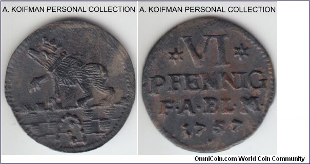 KM-16, 1757 Anhalt-Bernburg 6 pfennig; billon; reverse is really nice on details, hard to grade the coin though.