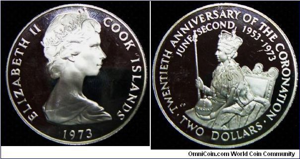 Queen Elizabeth II, Cook Island Two Dollars, 1973. Subject: 20th Anniversary of Coronation. 25.7000 g, 0.9250 Silver, .7646 Oz. ASW. Mintage: 46,000 units. PROOF.