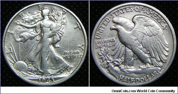 United States, Walking Liberty Half Dollar, 1943S. 12.5000g, 0.9000 Silver, .3618 Oz. ASW., 30.6mm. Mintage: 13,450,000 units. Good VF.