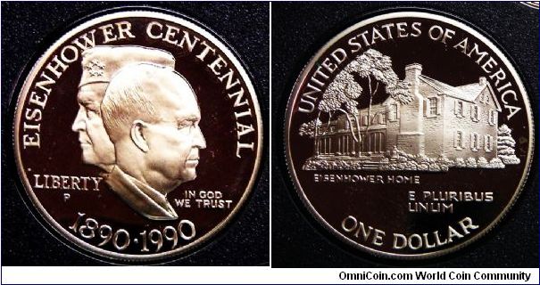 United States, Eisenhower Centennial, One Dollar, 1990P. 26.7300 g, 0.9000 Silver, .7763 Oz. ASW., 38.1mm. Mintage: 241,669 units. PROOF.