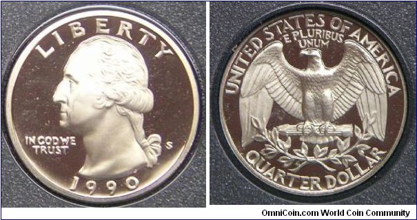 United States, Washington Quarter Dollar,  1990S, PROOF version. Cupro-Nickel. 5.6700 g, 24.26mm. Mintage: 506,126 units. PROOF.