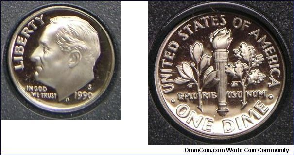 United States, Roosevelt One Dime, 1990S, PROOF version. Cupro-Nickel. 2.2680 g, 17.91mm. Mintage: 506,126 units. PROOF.