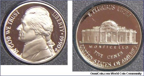 United States, Jeferson Nickel, 1990S, PROOF version. Cupro Plated Zinc. 5.0000 g, 21.21mm. Mintage: 506,126 units. PROOF.
