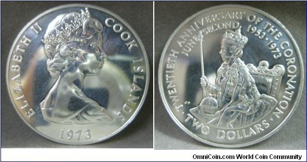 Queen Elizabeth II, Cook Island Two Dollars, 1973. Subject: 20th Anniversary of Coronation. 25.7000 g, 0.9250 Silver, .7646 Oz. ASW. Mintage: 46,000 units.
