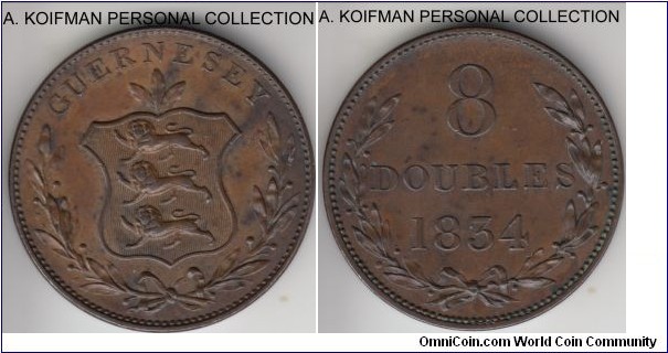 KM-3, 1834 Guernsey 8 doubles, Royal mint (no mint mark); copper, plain edge; extra fine or about, uneven toning, first mass coined issue.