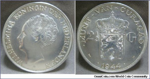 Wilhelmina of the Netherlands, 2 1/2 guiden, 1944. 25.0000 g, 0.7200 Silver, .5787 Oz. ASW. UNC.