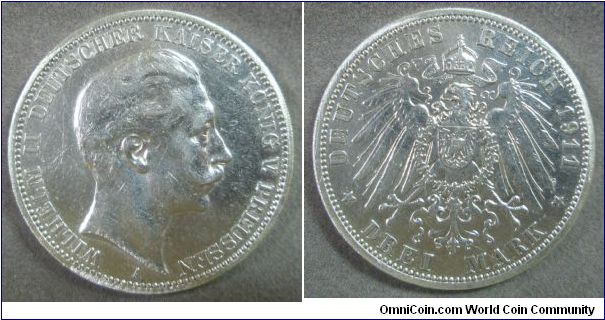 Wilhelm II - Prussia, German States 3 Mark, 1911A, 0.9000 Silver.