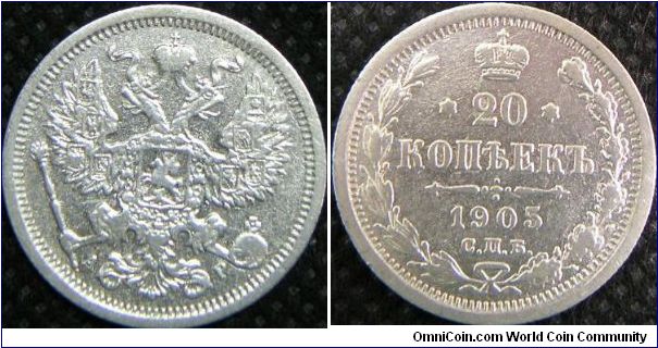 Russian Empire - Nicholas II (1894 - 1917), 20 Kopeks, 1903. 3.5992 g, 0.5000 Silver, .0434 Oz. ASW. Mintage: 10,000,000 units. Good VF.