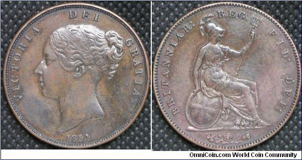 Queen Victoria (Young head), One Penny, 1854. Copper. Mintage: 6,559,000 units. XF. [SOLD]