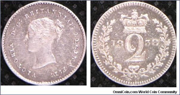 Queen Victoria (Young head), 2 pence, 1838, Silver. XF. [SOLD]