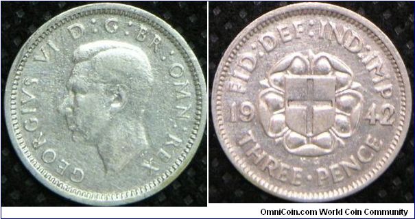 King George VI, 3 Pence, 1942. 1.4138 g, 0.5000 Silver, .0227 Oz. ASW., 16mm. Mintage: 4,144,000 units. Good VF.