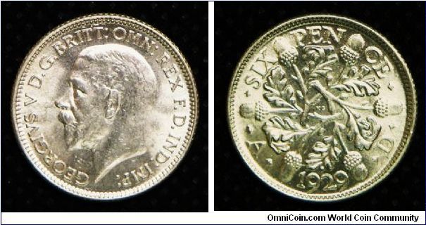 King George V, 6 Pence, 1929. 2.8276 g, 0.5000 Silver, .0455 Oz. ASW., 19.5mm. Mintage: 28,319,000 units. Brilliant Uncirculated (BU).