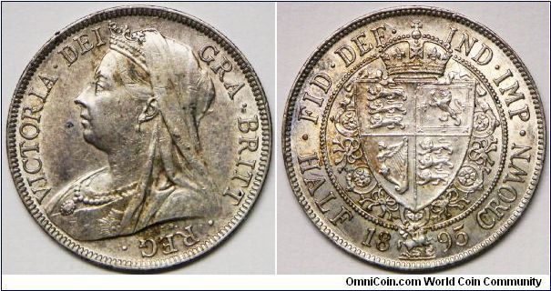 Queen Victoria, Half Crown, 1895. 14.1380 g, 0.9250 Silver, .4205 Oz. ASW., 32.3mm. Mintage: 1,773,000 units. EF+. [SOLD]
