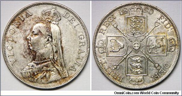Queen Victoria, Double Florin, 1890. 22.6207 g, 0.9250 Silver, .6727 Oz. ASW. Mintage: 782,000 units. VF+. [SOLD]