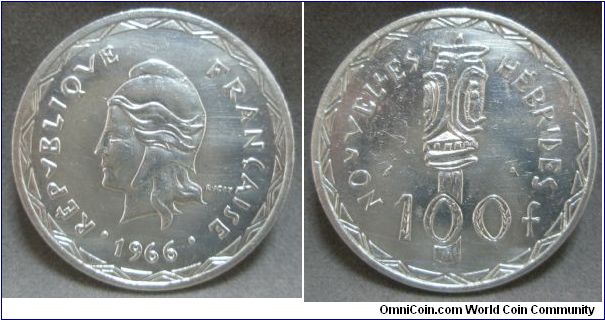 France, France Nouvelles Hebrides, 100 Francs, 1966.