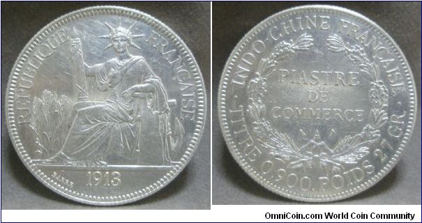 French Indo-China (French Colony), Trade Dollar - 1 Plastre, 1913A, 27.0000 g, 0.9000 Silver, .7812 Oz ASW, Mintage: 3,244,000 units. Good Extra Fine Grade