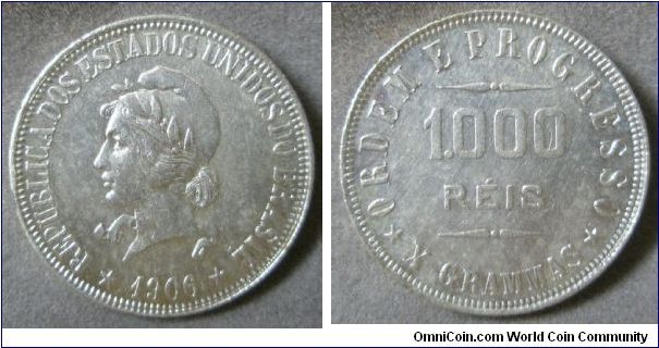 Brasil, 1000 REIS. 10.0000 g, 0.9000 Silver, .2894 Oz. ASW., Mintage: 420,000. Good XF