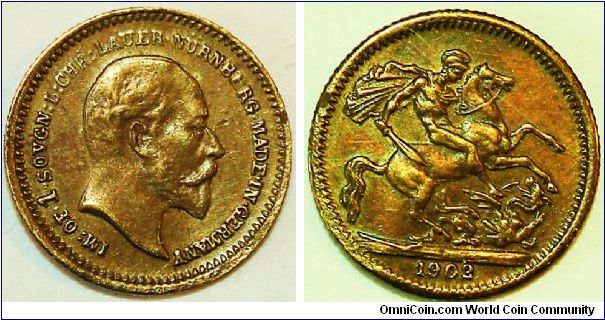 Edward VII 
Imitation Gold Sovereign. 1902 13mm Brass by Lauer Rogers # 730. S