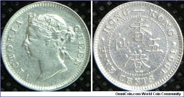 Queen Victoria, Hong Kong Five Cents, 1901. 1.3577 g, 0.8000 Silver, .0349 Oz. ASW., British Royal Mint. AU.