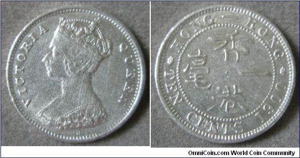 Queen Victoria, Hong Kong Ten Cents, 1900. 2.7154 g, 0.8000 Silver, .0698 Oz. ASW., British Royal Mint. Good XF.