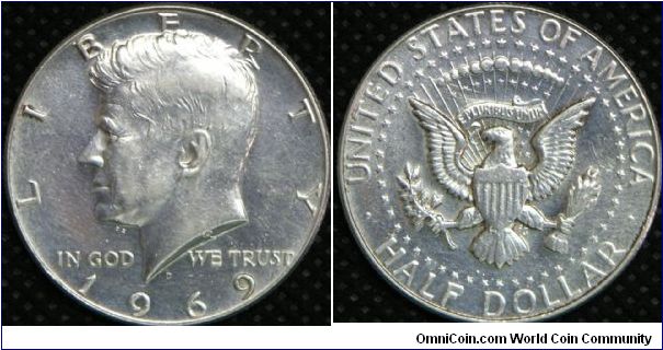 United States, Kennedy Silver Half Dollar, 1969D. 11.5000g, 0.4000 Silver, .1480 Oz. ASW., 30.6mm. Mintage: 129,881,800 units.