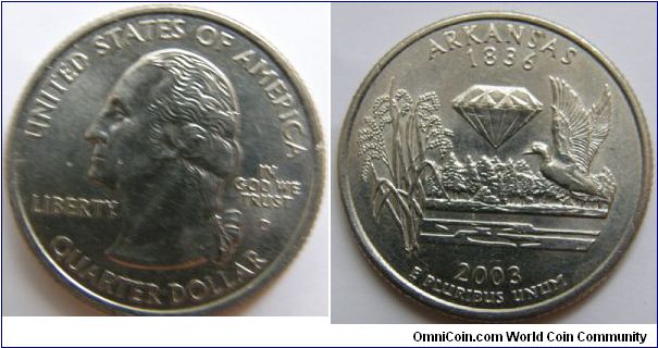 Arkansas was admitted into the Union on June 15, 1836. Arkansas was acquired through the Louisiana Purchase and later became the Arkansas Territory before gaining statehood. The Arkansas quarter design bears the image of rice stalks, a diamond and a mallard gracefully flying above a lake.