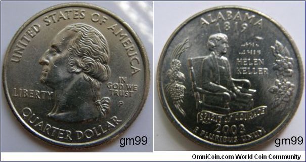 Alabama became the 22nd state to be admitted into the Union on December 14, 1819. The Alabama quarter design features an image of Helen Keller with her name in English, and in a reduced-size version of braille.