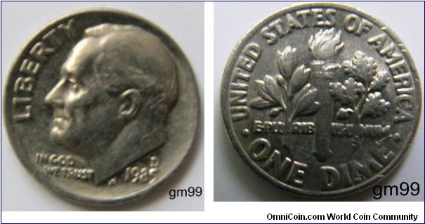 Franklin Delano Roosevelt Dime, 10 Cents.
1985D-Mintmark: D (for Denver, CO) above the date