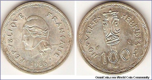 New Hebrides
100 francs
0.835 silver; 25 gram