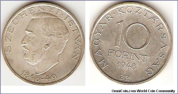10 forint
Centenary of 1848 revolution - Istvan Szechenyi
0.500 silver