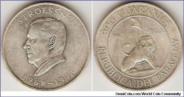 300 guaranies
President Alfredo Stroessner
0.720 silver