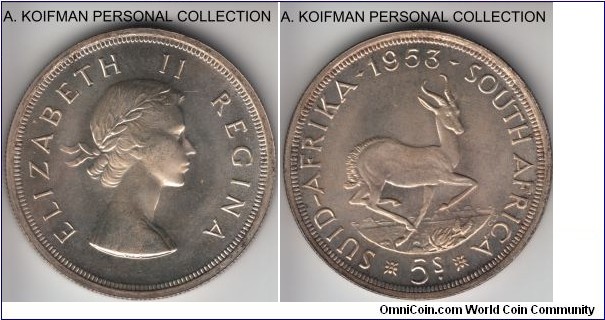 KM-52, 1953 South Africa (Dominion) 5 shillings; special select (proof-like), silver, reeded edge; good looking, mintage 8,000.