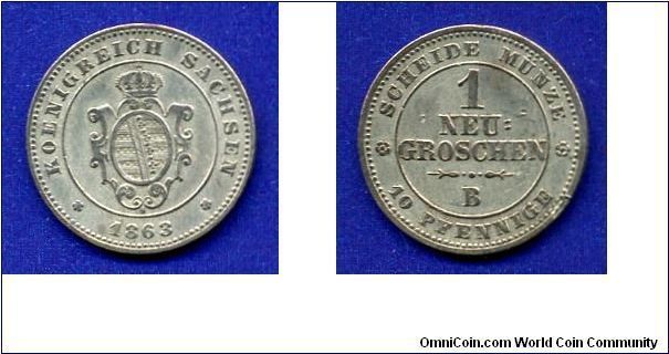 1 neu-groschen/10 pfennige.
Kingdom of Saxony.
Johann (1854-1873).
(B) mintmark.


Ag230f. 2,12gr.