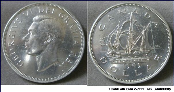 King George VI, Canada One Dollar, 1949, New Foundland. 23.3276 g, 0.8000 Silver, .6000 Oz. ASW., Mintage: 672,218 units. AU.