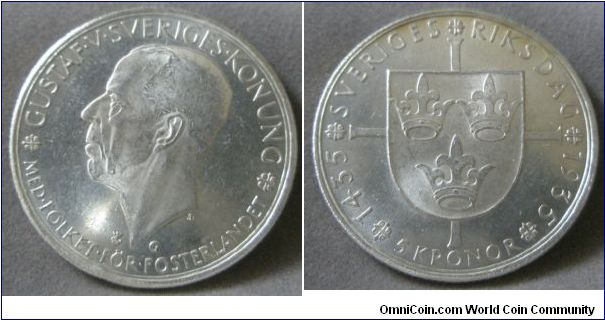Gustaf V, 5 Kronor, 1935G. Subject: 500th Anniversary of Riksdag. 25.0000g, 0.9000 Silver, .7234 Oz. ASW, 36mm. Mintage: 663,819 units. UNC.