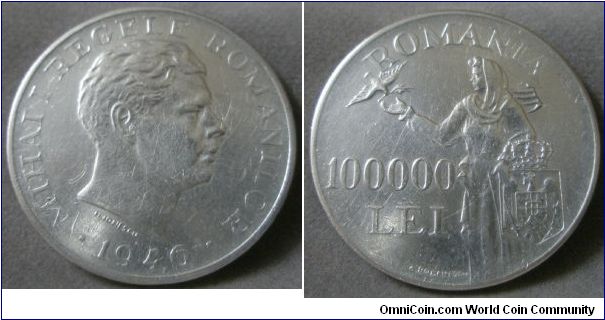 Kingdom of Mihai I, 100,000 Lei, 1946. 25.0000g, 0.7000 Silver, .5626 Oz. ASW. Mintage: 2,002,000 units. XF.