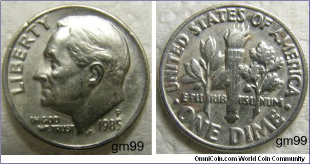Franklin Delano Roosevelt Dime, 10 Cents. 1985P-Mintmark: P (for Philadelphia, PA) above the date