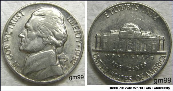 Thomas Jefferson Nickel, 5 Cents. 1982D-Mintmark: Small D (for Denver, Colorado) below the date on the lower right obverse
