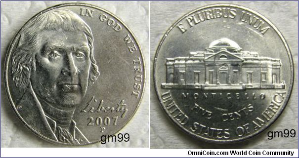 Thomas Jefferson Nickel, 5 Cents.2007P-Mintmark: Small P (for Philadelphia) below the date on the obverse
