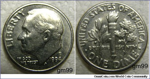 Franklin Delano Roosevelt Dime, 10 Cents, 1994D-Mintmark: D (for Denver, CO) above the date