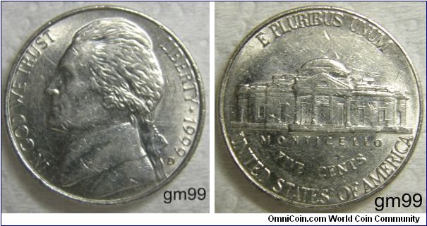 THOMAS JEFFERSON FIVE CENTS. 1999D-Mintmark: Small D (for Denver, Colorado) below the date on the lower right obverse