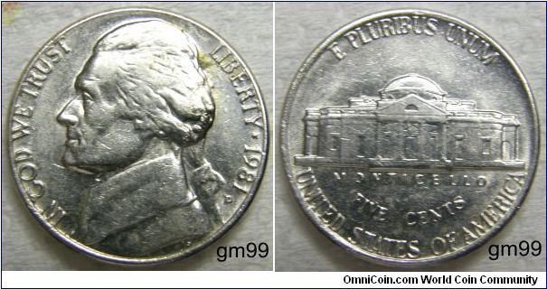 THOMAS JEFFERSON 5 CENTS. 1981D-Mintmark: Small D (for Denver, Colorado) below the date on the lower right obverse