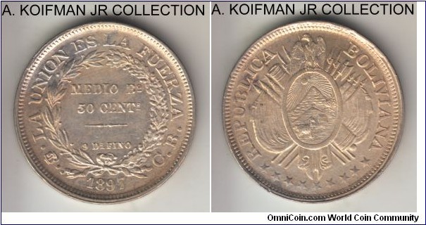 KM-161.5, 1897 Bolivia 50 centavos, CB essayer, Potosi mint (PTS mintmark in monogram); silver, reeded edge; despite greyish appearnce this is one of the better coins I have seen, usual weak strike (even late XIX century technology remained lacking) and wheeled rim with the soft flattened center this coin is in definite about uncirculated condition, a bit of the extra metal on the rims.